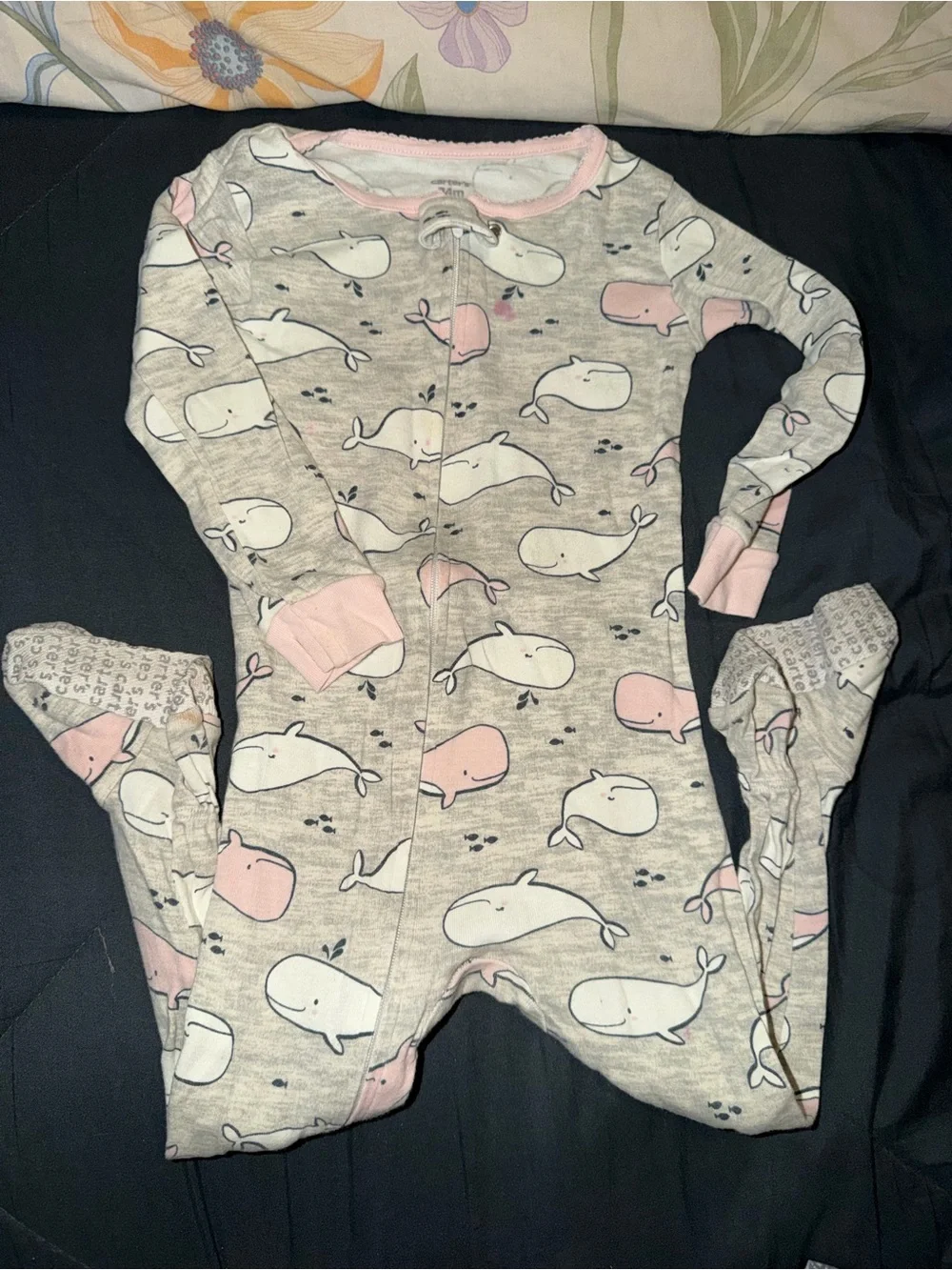 Carter's Gray and Pink Whale Print Footed One-Piece
